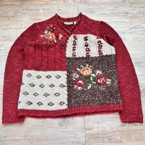 Croft & Barrow Patchwork Sweater S Cottagecore Floral Embroidery Deep Red Knit